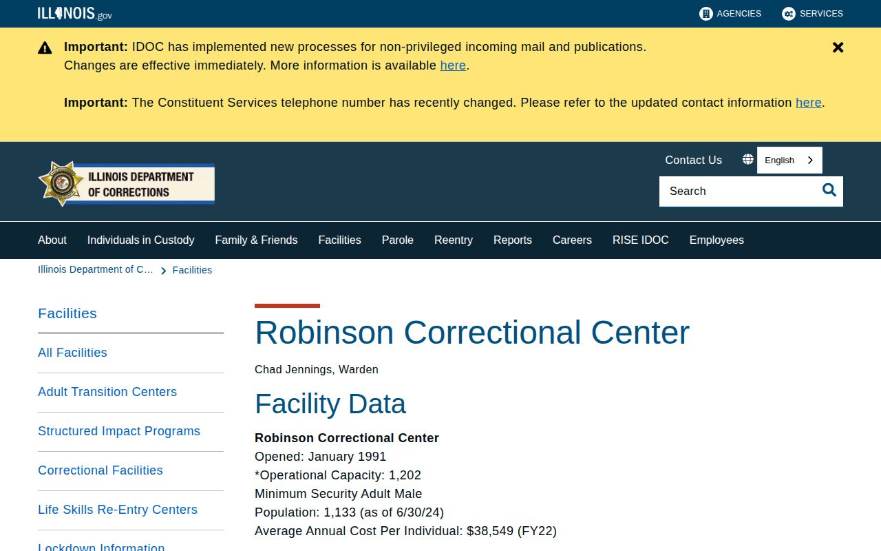 Robinson Correctional Center official IDOC facility and release information