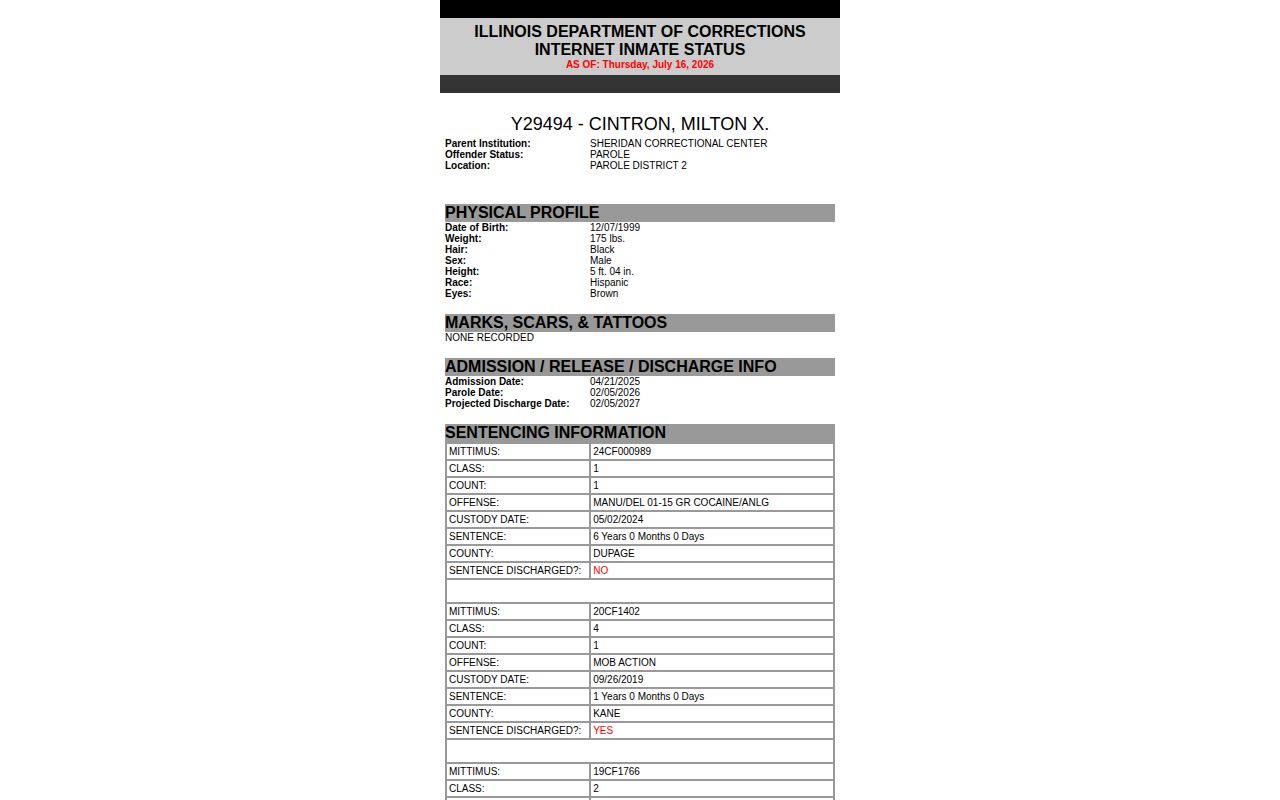 Crawford County released inmate IDOC parole status and discharge fields
